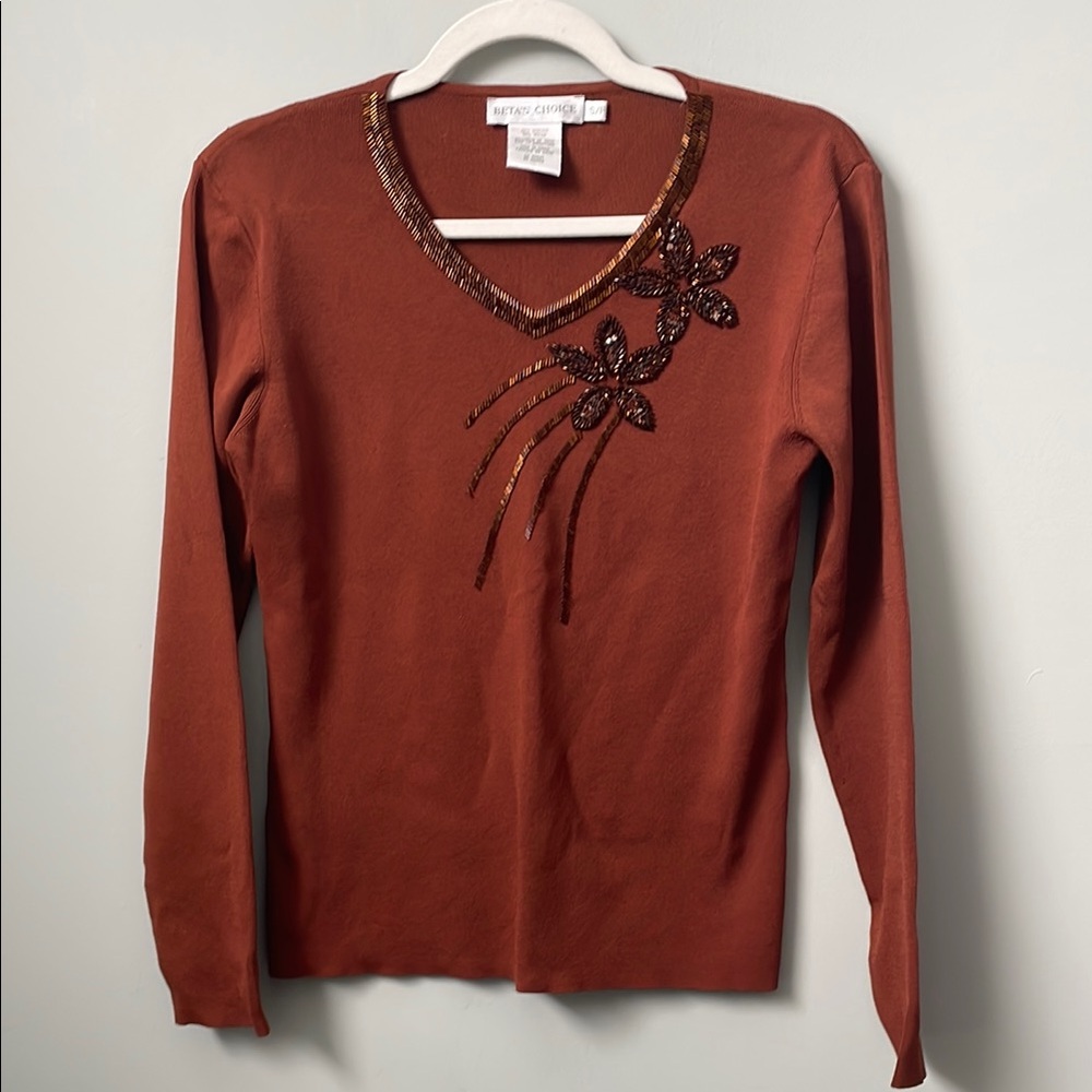 Beaded V-Neck Rust Top